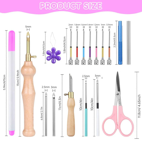 Punch Needle Kit for Adults Beginners with adjustable wooden handle tools, 11 punch needle sizes, poke needles, threaders, scissors.