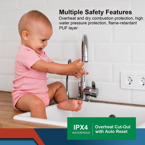 Sweet Compact Mini Tank Water Heater In Sleek Gray Finish Delivers Quick Hot Water Under Counter With Zero Sweat Setup And Top Shelf Performance For Everyday Household Tasks, shown with child at sink.