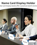 Panel discussion with name cards in 30 Piece Small Acrylic Sign Holders Three And A Half By Two Inches Clear Tabletop Display Stands