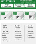 Top Shelf Jt21 Staples Bulk Refill Featuring Quarter Inch Galvanized Fine Wire With 7/16 Crown shown in three sizes for various uses.