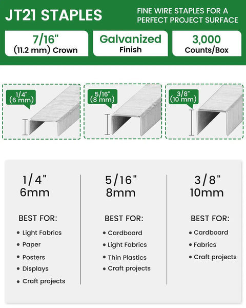 Top Shelf Jt21 Staples Bulk Refill Featuring Quarter Inch Galvanized Fine Wire With 7/16 Crown shown in three sizes for various uses.