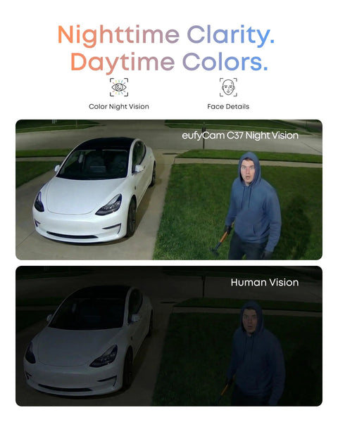 Comparison of night vision with Four Camera Wireless Outdoor Security Kit With 360 Pan And Tilt Auto Tracking 2K Solar Powered Security Cameras AI Detection For Humans Vehicles Pets Faces With Local Storage No Monthly Fee.