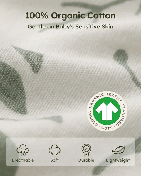 Close-up of 100% Organic Cotton GOTS logo on Baby Sleep Sack 0-6 Months Wearable Blanket Pack of 3 with soft texture.