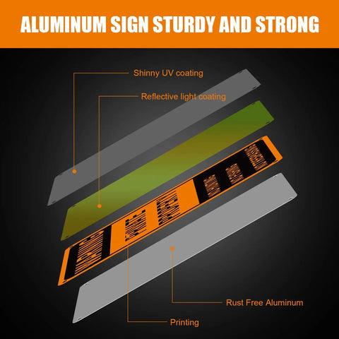 Real Deal Heavy Duty Reflective Aluminum No Trespassing Signs 8 Pack Large 10x7 Orange layered display showing UV coating and materials.