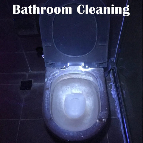 Bathroom cleaning with Five LED S5 UV Flashlight With Crazy Bright Ultra Beam Black Light highlighting stains in toilet