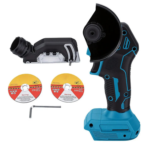 Heavy Hitter Cordless Mini Circular Saw And Angle Grinder 2 In 1 Featuring Brushless Motor 12000 Rpm And Rechargeable Battery close-up with discs.