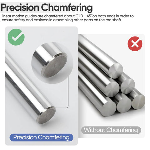12mm X 400mm Linear Motion Rods Set Of 2 For CNC, 3D Printers, And DIY Projects Hardened Chrome Steel Shafts With HRC55-62 Tolerance showing chamfered and unchamfered ends