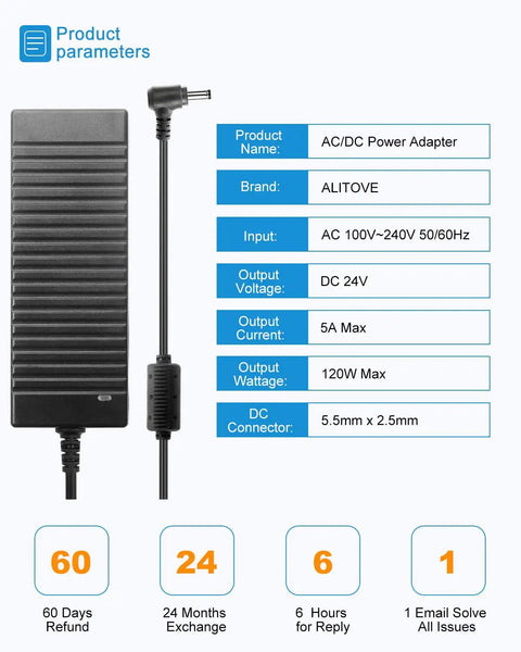 24V 5A Power Brick Adapter 120W DC Transformer With 5.5x2.5mm Plug for LED Strip Lights CCTV Cameras LCD Monitors Massage Chairs