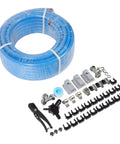 Three Layer HDPE Aluminum Shop Air Line Kit 3 4 Inch By 100 Feet, 200 PSI O Ring Sealed with tubing and fittings laid out.
