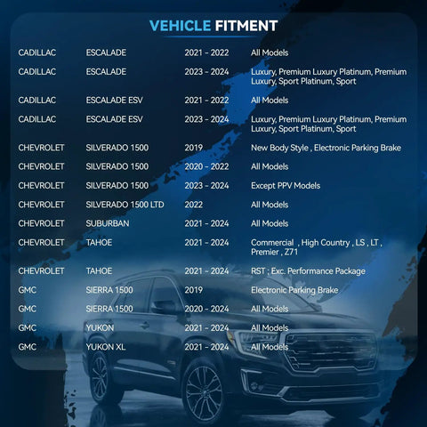 Vehicle fitment chart for Beefed Up 8 Piece Drilled And Slotted Brake Kit With Ceramic Pads For Chevy GMC models.