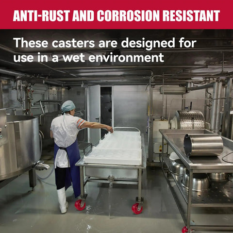 Heavy Duty Industrial Casters With Tough As Nails Solid Polyurethane Wheels And Rust Proof Stainless Steel Brackets, 2 Rigid 2 Swivel Set For Factory Gear, Beefy 4000 Lbs Capacity Made In Usa For No Sweat Moving in a wet environment with stainless steel equipment.