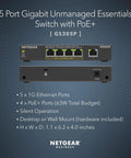 Front and back of 5 Port PoE Gigabit Ethernet Unmanaged Switch with 4 PoE Plus Ports and 63W budget, model GS305P, desktop or wall mount.
