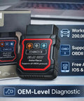 Bluetooth OBDII Scan Tool For IPhone And Android With No Subscription Fee OBD2 Car Scanner and Code Reader next to packaging