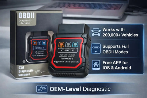 Bluetooth OBDII Scan Tool For IPhone And Android With No Subscription Fee OBD2 Car Scanner and Code Reader next to packaging