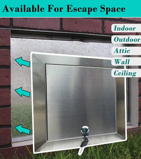 Heavy Duty Waterproof Steel Access Door With Secure Lock And Keys For Walls And Ceilings 26 By 31 Inch shown installed.