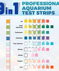 9 in 1 Professional Aquarium Test Strips chart displaying parameters like pH, alkalinity, hardness for fish tank water testing.