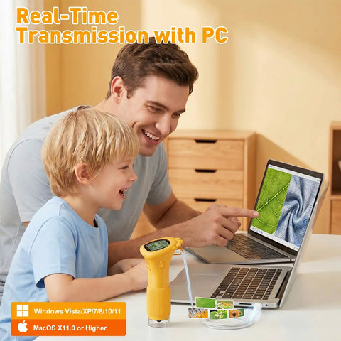 4K 1000X Digital Microscope For Curious Kids With 2 Inch IPS Screen Yellow Color Real 200-1000X Magnification showing child and adult using it with laptop