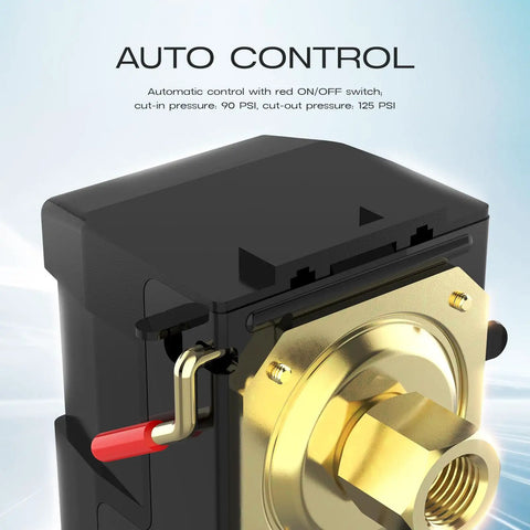 Air Compressor Pressure Switch 90-125 PSI 26A With 1/4 NPT Thread Single Port showing red ON/OFF switch auto control