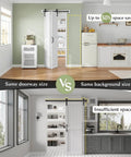 Double Bi Fold Barn Doors 42 By 84 Inches White With Hardware Track Kit Included shown in a kitchen, space-saving sliding design.
