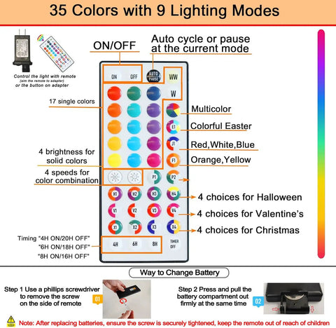 Remote control for Color Changing Christmas Net Lights RGB 204 LED Mesh with 35 colors and 9 lighting modes instructions.
