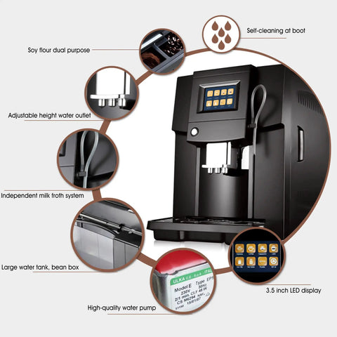 Automatic Bean to Cup Coffee Machine Brewing Smooth Espresso in Thirty Seconds With Zero Fuss features 3.5 inch LED display and adjustable height outlet.