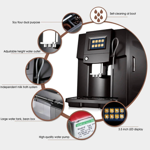 Diagram of 200W Commercial Coffee Machine With Lightning Fast 30 Seconds Per Cup Brew, Built In Bean Grinder With 8 Grind Levels, Double Boiler Design, 7.5 To 11 Cm Spout, Silver Finish highlighting features like self-cleaning, adjustable spout, and touchscreen.