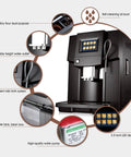 Commercial Automatic Coffee Machine 200W Dual Boiler With Independent Milk Froth System For Espresso And Cappuccino, Barista Grade 2 In One Bean Box Holds 250G, Fast 30 Second Cup Silver showing features like adjustable water outlet and high-quality water pump.