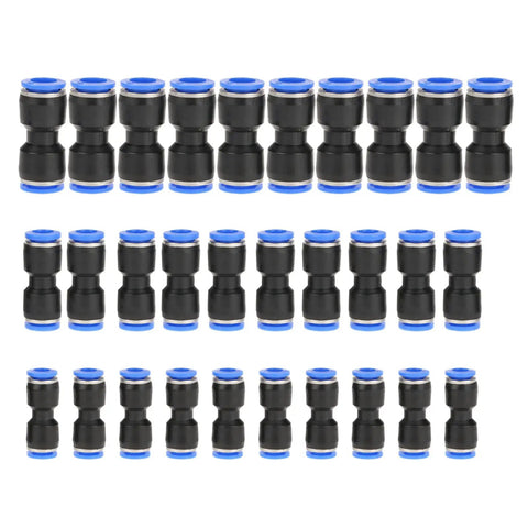Super Easy Straight Push Connector Kit with 30 Pcs Of Durable Pneumatic Tube Fittings For Air Lines In Sizes 1 4 5 16 And 3 8 Inch Perfect For Fast Hookups On Systems Working Between 32 To 140 Degree F., black straight push-fit air tube connectors with blue rings
