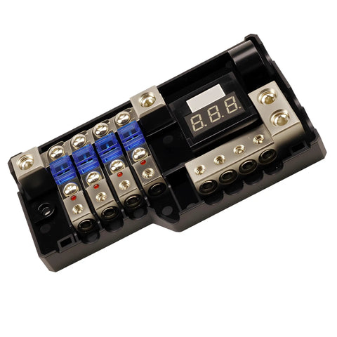 4 Way Mini ANL Fused Car Audio Power Distribution Block With Ground Block Each Block Accepts 0, 2, Or 4 Gauge In And 4 Or 8 Gauge Out Digital LED Voltage Display Ideal For Splitting Power To Multiple Amplifiers Includes Four 60A Fuses. black mini ANL fuse block with blue fuses and LED display