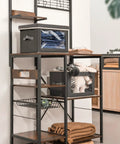 Dark Grey 3 Pack Fabric Storage Bins With Lid And Peek Window Collapsible Closet Organizers Tough Handle Crates on shelving unit.
