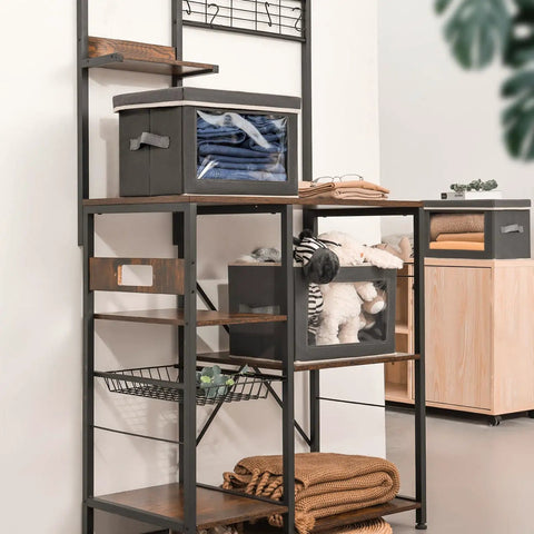 Dark Grey 3 Pack Fabric Storage Bins With Lid And Peek Window Collapsible Closet Organizers Tough Handle Crates on shelving unit.