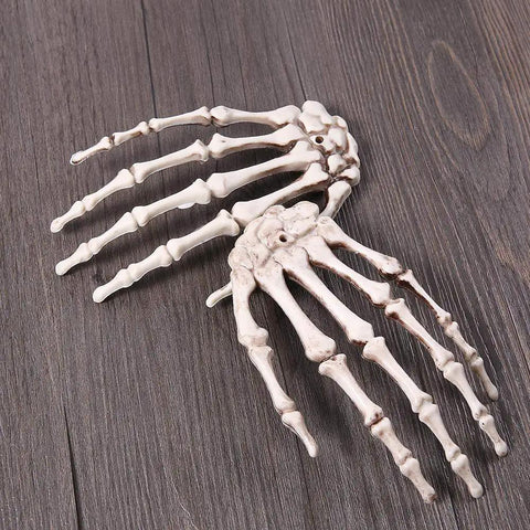 Six Pack Halloween Skeleton Hands Set Realistic Plastic Skeleton Hands for Spooky Decor Right and Left Hands on wood surface