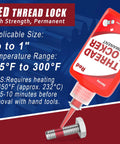 Red heavy duty thread locker kit for permanent bonding, temperature range -65°F to 300°F, ideal for nuts, bolts, and fasteners.