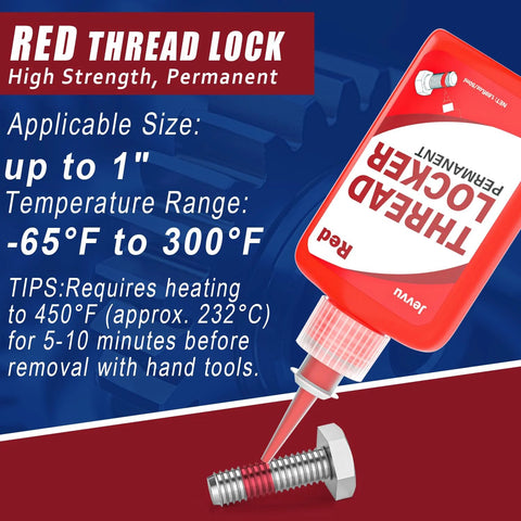 Red heavy duty thread locker kit for permanent bonding, temperature range -65°F to 300°F, ideal for nuts, bolts, and fasteners.
