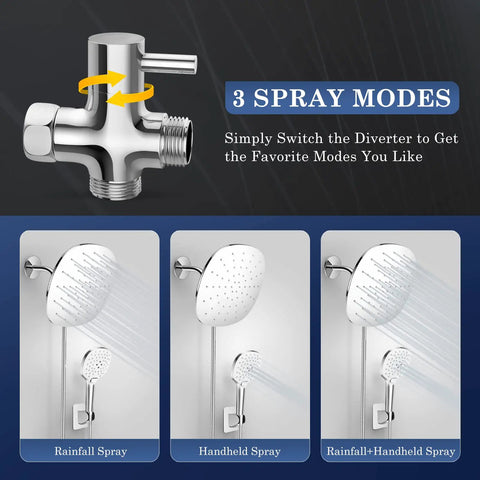 3 spray modes of 9 Inch Adjustable Rain Shower Head and High Pressure Handheld Spray Combo, chrome diverter shown