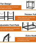 Two Tier Firewood Rack With 3 Hanging Hooks Heavy Duty Steel Wood Holder features and details diagram.