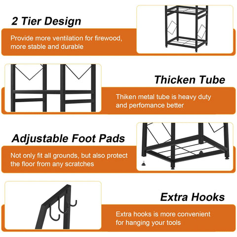 Two Tier Firewood Rack With 3 Hanging Hooks Heavy Duty Steel Wood Holder features and details diagram.