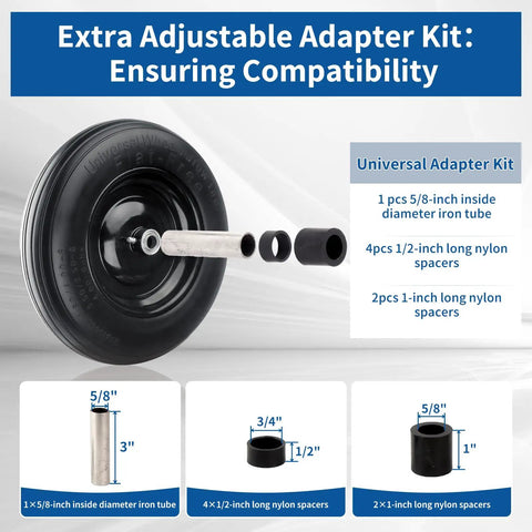Flat Free 4.80/4.00-8 Tire And Wheel For Wheelbarrows Hand Trucks Carts And More with extra adapter kit components shown