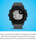 Beefy Rugged Dive Computer Watch With Sapphire Lens And Monochrome Display, showing multiple dive modes on screen, Slate Gray