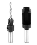 Pro Shop Carbide Countersink And High Speed Steel Drill Bit Combo With Dead Nuts Fit Matching Wood Plugs To Hide Screw Heads Perfectly On Hardwood Plywood And Sheet Metal 9/64 Inch image of drill bit combo with carbide countersink and high speed steel bit.