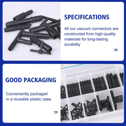 113-piece nylon vacuum connector kit; black fittings heat resistant up to 240°C, stored in a reusable plastic case.