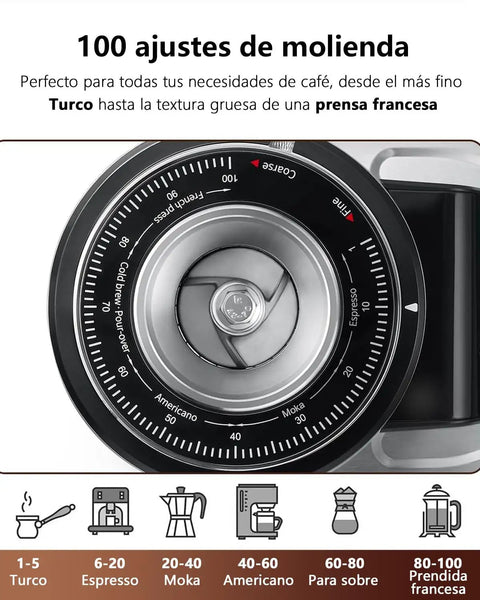 Heavy Duty 64mm Flat Burr Coffee Grinder With 100 Precision Settings For Electric Espresso Beans Single Dose Anti Static Shell All Metal Stainless Steel Chassis Ultra Quiet gear showing grind settings from fine to coarse.