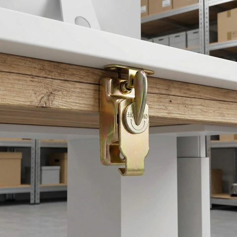 Heavy Duty Table Leaf Connector With Swivel Latch Hardware For Dining And Extension Tables Built From Tough Steel under table view.
