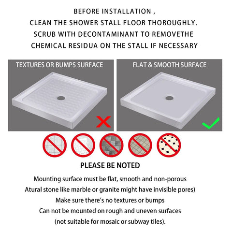 Total Bath Upgrade Slick Non Slip Shower Mat With Rock Solid Suction Cups and Quick Drain Holes for Fast Drying showing installation surface requirements.
