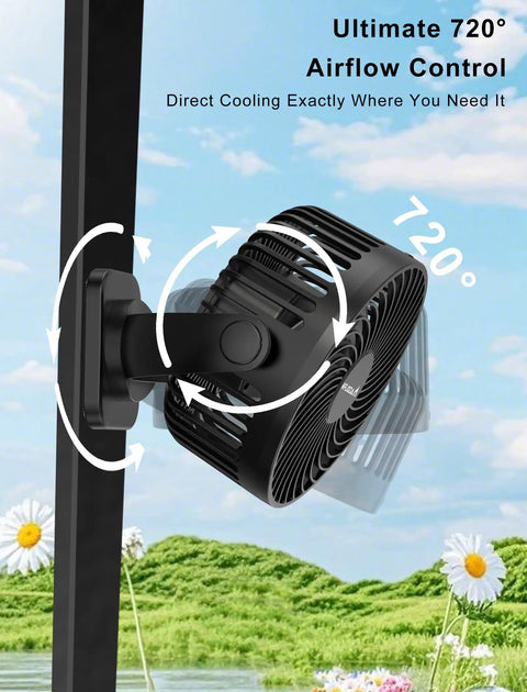 Rechargeable Magnetic Golf Cart Fan With Light And 12000mAh Battery Dual Magnet Base shown rotating, mounted on golf cart pole.