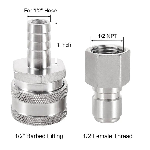 Two Pack Quick Disconnects For Homebrewing 304 Stainless Steel One Half Inch Male FPT To Barb Female Connectors