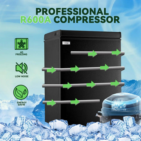 Compact Black Chest Freezer With 3.5 Cubic Feet Capacity, Space Saving Top Open Design with R600A compressor features.