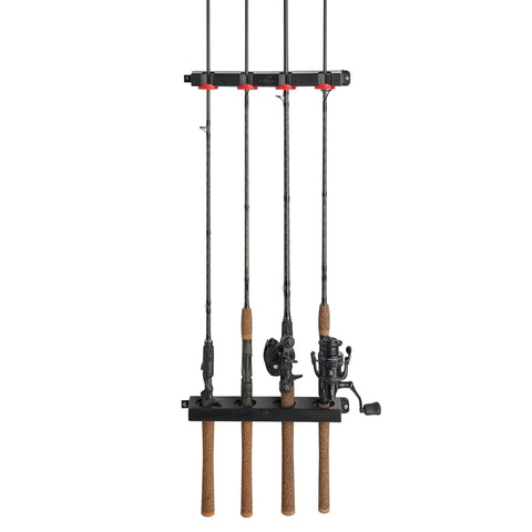 Twist Lock Fishing Rod Rack for Wall Mount Stores Four Rods Black Finish With Soft Foam Grip Pads to Protect Finishes Durable Construction