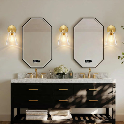 Gold Wall Sconces Set Of 2 Modern Industrial Brass Wall Lamps For Bedroom Living Room Kitchen Over Sink Hallway With Clear Cone Glass Shades Warm Ambient Lighting Easy Install Perfect For Bath Vanities