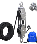 Heavy Duty Block And Tackle System With 2200 Lbs Breaking Strength Fifty Feet Of Three Eighths Inch Rope Five To One Lifting Power Pulley Hoist For Construction Warehouses Animal Husbandry And Farm Use Built Like A Boss Durable Black featuring triple pulleys and a coiled rope with a branded storage bag.